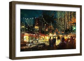 Painting of Shopping Street City with Colorful Nightlife,Illustration-Tithi Luadthong-Framed Art Print