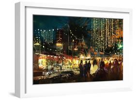 Painting of Shopping Street City with Colorful Nightlife,Illustration-Tithi Luadthong-Framed Art Print