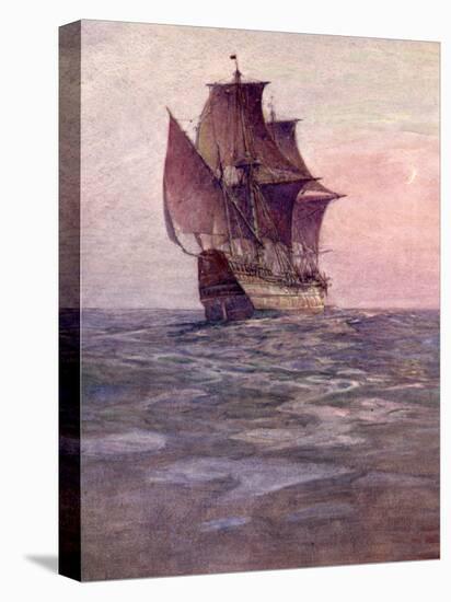 Painting of the Mayflower, Ship That Carried Pilgrims from England to New England Shore of America-null-Stretched Canvas