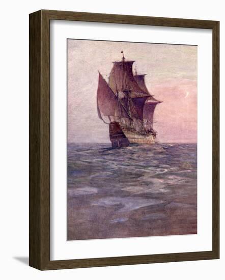 Painting of the Mayflower, Ship That Carried Pilgrims from England to New England Shore of America-null-Framed Photographic Print