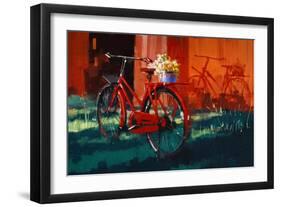 Painting of Vintage Bicycle with Bucket Full of Flowers-Tithi Luadthong-Framed Art Print