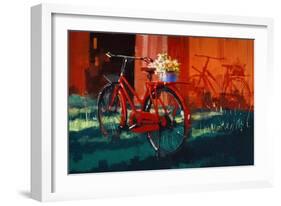 Painting of Vintage Bicycle with Bucket Full of Flowers-Tithi Luadthong-Framed Art Print