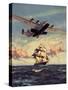 Painting og a Plane Flying near a Ship-null-Stretched Canvas