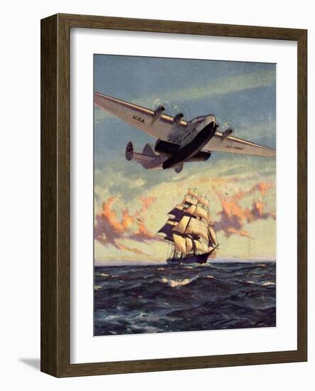 Painting og a Plane Flying near a Ship-null-Framed Art Print