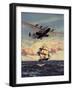 Painting og a Plane Flying near a Ship-null-Framed Art Print