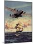 Painting og a Plane Flying near a Ship-null-Mounted Art Print