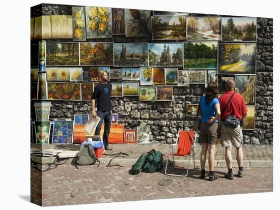 Paintings Displayed on the Old City Walls Near Florians's Gate, Krakow (Cracow), Poland-R H Productions-Stretched Canvas