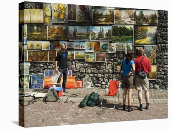 Paintings Displayed on the Old City Walls Near Florians's Gate, Krakow (Cracow), Poland-R H Productions-Stretched Canvas