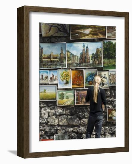 Paintings Displayed on the Old City Walls Near Florians's Gate, Krakow (Cracow), Poland-R H Productions-Framed Photographic Print