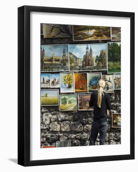 Paintings Displayed on the Old City Walls Near Florians's Gate, Krakow (Cracow), Poland-R H Productions-Framed Photographic Print