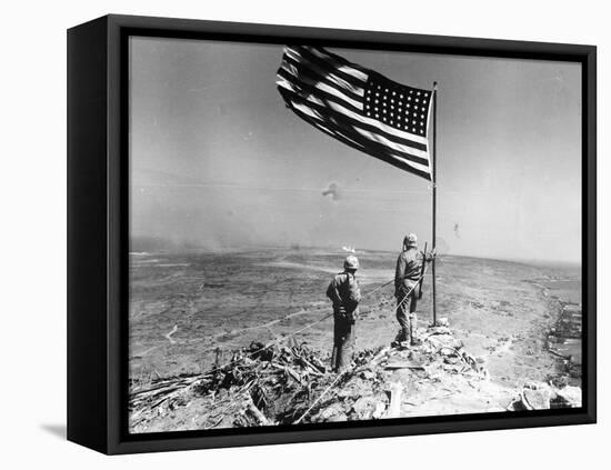 Pair of American Marines Survey View from Atop Mt. Suribachi Two Days After the Famous Flag Raising-null-Framed Stretched Canvas