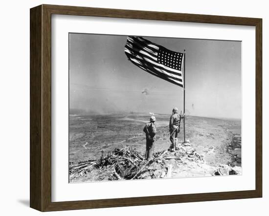 Pair of American Marines Survey View from Atop Mt. Suribachi Two Days After the Famous Flag Raising-null-Framed Photographic Print