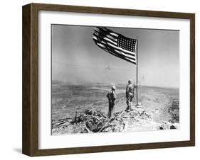 Pair of American Marines Survey View from Atop Mt. Suribachi Two Days After the Famous Flag Raising-null-Framed Photographic Print