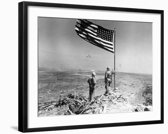 Pair of American Marines Survey View from Atop Mt. Suribachi Two Days After the Famous Flag Raising-null-Framed Photographic Print