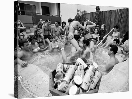 Pair of Couples "Chicken Fighting" in a Crowded Jacuzzi Pool During a Beer Fueled Party-Arthur Schatz-Stretched Canvas