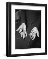 Pair of Hands Wearing Lie Detector Device-Sam Shere-Framed Photographic Print