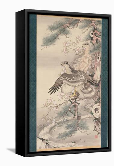 Pair of Hawks with Branch and Blossoms-Soga Shohaku-Framed Stretched Canvas