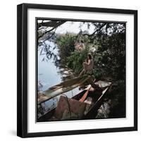 Pair of Nude Women Sitting Along the River Bank of the Thames-William Sumits-Framed Photographic Print