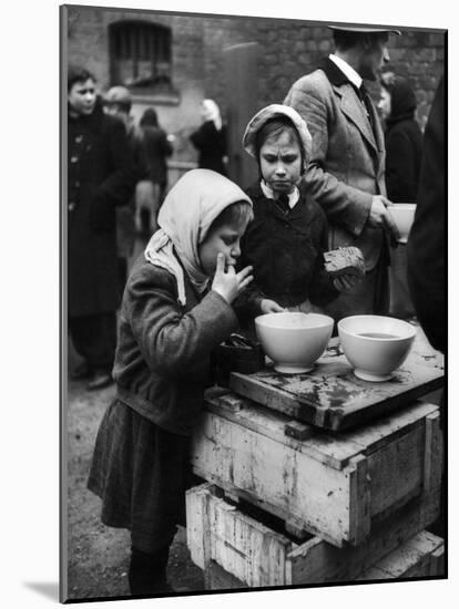 Pair of Russian Children Having a Meal of Molasses Bread and Coffee in a Displaced Persons Camp-null-Mounted Photographic Print