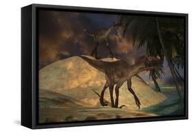 Pair of Utahraptors Hunting for Food at Sunset-null-Framed Stretched Canvas