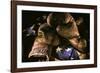 Pair of vintage boxing gloves laying on a flag carefully painted with light-Sheila Haddad-Framed Photographic Print