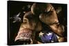 Pair of vintage boxing gloves laying on a flag carefully painted with light-Sheila Haddad-Stretched Canvas