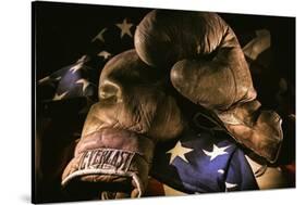 Pair of vintage boxing gloves laying on a flag carefully painted with light-Sheila Haddad-Stretched Canvas