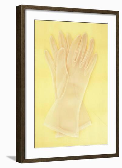 Pair of White Nylon Ladies See-Through Gloves Lying on Antique Paper-Den Reader-Framed Photographic Print
