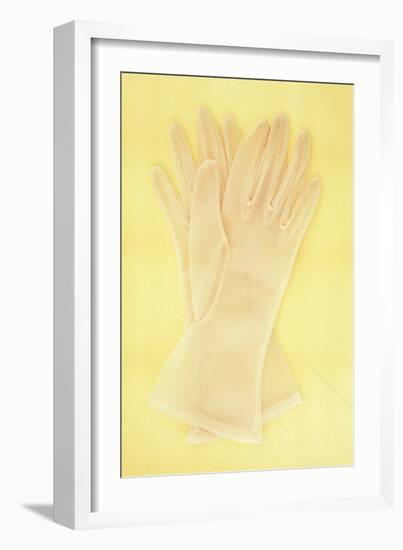 Pair of White Nylon Ladies See-Through Gloves Lying on Antique Paper-Den Reader-Framed Photographic Print