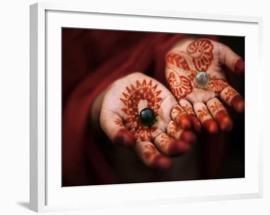 Pakistani Girl Displays Her Hands Painted with Henna Paste-null-Framed Photographic Print