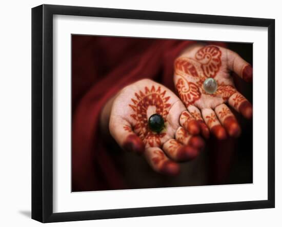 Pakistani Girl Displays Her Hands Painted with Henna Paste-null-Framed Photographic Print