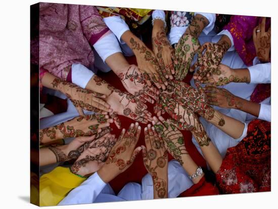 Pakistani Girls Display their Hands Decorated with Mehndi or Henna-null-Stretched Canvas