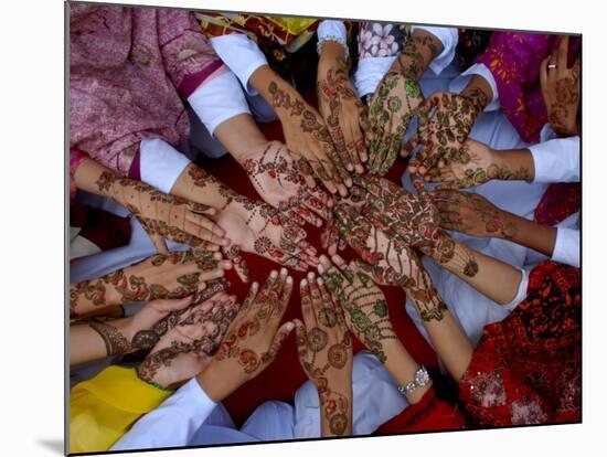 Pakistani Girls Display their Hands Decorated with Mehndi or Henna-null-Mounted Photographic Print