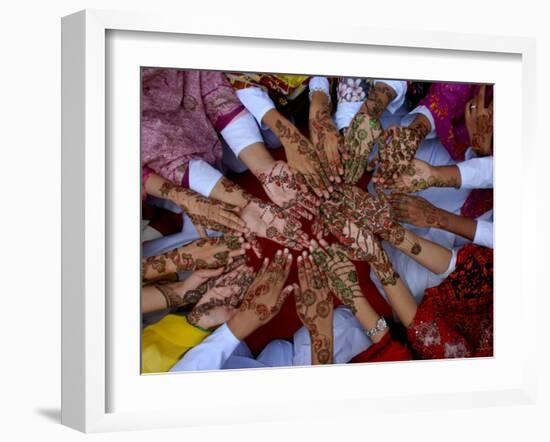 Pakistani Girls Display their Hands Decorated with Mehndi or Henna-null-Framed Photographic Print