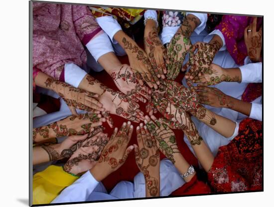 Pakistani Girls Display their Hands Decorated with Mehndi or Henna-null-Mounted Photographic Print