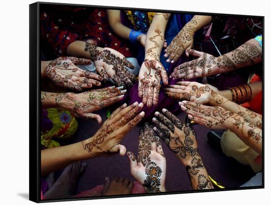 Pakistani Girls Show Their Hands Painted with Henna Ahead of the Muslim Festival of Eid-Al-Fitr-Khalid Tanveer-Framed Stretched Canvas