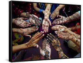 Pakistani Girls Show Their Hands Painted with Henna Ahead of the Muslim Festival of Eid-Al-Fitr-Khalid Tanveer-Framed Stretched Canvas