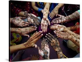 Pakistani Girls Show Their Hands Painted with Henna Ahead of the Muslim Festival of Eid-Al-Fitr-Khalid Tanveer-Stretched Canvas