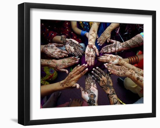 Pakistani Girls Show Their Hands Painted with Henna Ahead of the Muslim Festival of Eid-Al-Fitr-Khalid Tanveer-Framed Photographic Print