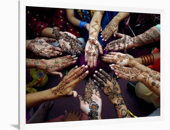 Pakistani Girls Show Their Hands Painted with Henna Ahead of the Muslim Festival of Eid-Al-Fitr-Khalid Tanveer-Framed Photographic Print