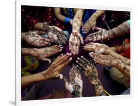 Pakistani Girls Show Their Hands Painted with Henna Ahead of the Muslim Festival of Eid-Al-Fitr-Khalid Tanveer-Framed Photographic Print