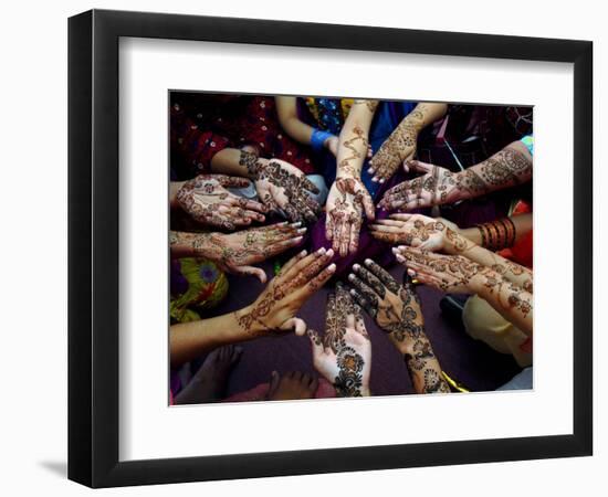 Pakistani Girls Show Their Hands Painted with Henna Ahead of the Muslim Festival of Eid-Al-Fitr-Khalid Tanveer-Framed Photographic Print