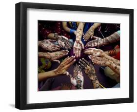 Pakistani Girls Show Their Hands Painted with Henna Ahead of the Muslim Festival of Eid-Al-Fitr-Khalid Tanveer-Framed Photographic Print