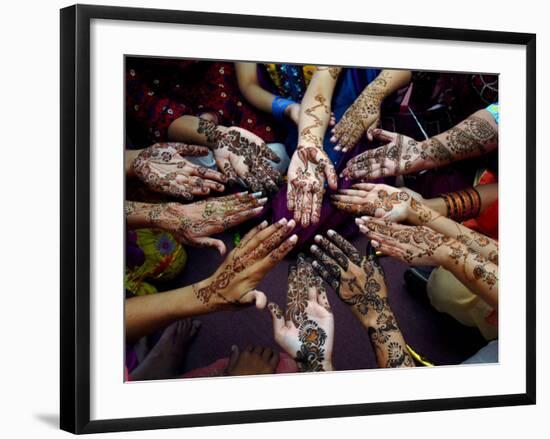 Pakistani Girls Show Their Hands Painted with Henna Ahead of the Muslim Festival of Eid-Al-Fitr-Khalid Tanveer-Framed Photographic Print