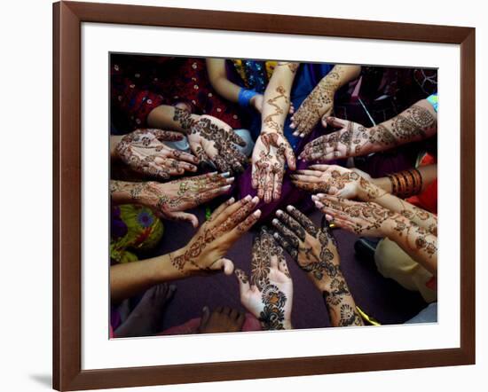 Pakistani Girls Show Their Hands Painted with Henna Ahead of the Muslim Festival of Eid-Al-Fitr-Khalid Tanveer-Framed Photographic Print