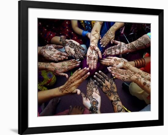 Pakistani Girls Show Their Hands Painted with Henna Ahead of the Muslim Festival of Eid-Al-Fitr-Khalid Tanveer-Framed Photographic Print