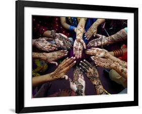 Pakistani Girls Show Their Hands Painted with Henna Ahead of the Muslim Festival of Eid-Al-Fitr-Khalid Tanveer-Framed Photographic Print