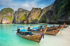 Thailand Sea Beach View Round with Steep Limestone Hills and Traditional Longtail Boats-Pakorn Lopattanakij-Photographic Print