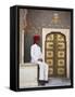 Palace Guard Sitting at Rose Gate in Pitam Niwas Chowk, City Palace, Jaipur, Rajasthan, India, Asia-Ian Trower-Framed Stretched Canvas