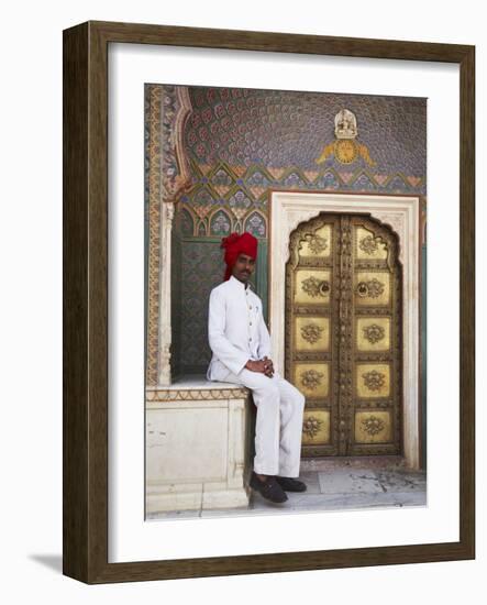 Palace Guard Sitting at Rose Gate in Pitam Niwas Chowk, City Palace, Jaipur, Rajasthan, India, Asia-Ian Trower-Framed Photographic Print